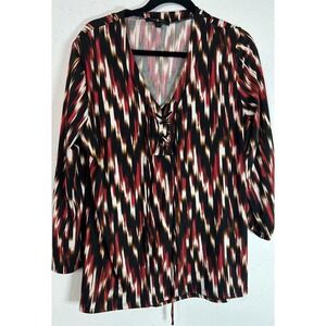 Nine Line Multicolor Ikat Lace-Up V-Neck Tunic Blouse XL 3/4 Roll Tab Sleeve